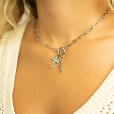 Yeehaw Charm and Cowgirl Charm with turquoise cross charm, on Paperclip chain necklace