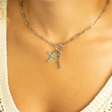 Yeehaw Charm and Cowgirl Charm with turquoise cross charm, on Paperclip chain necklace