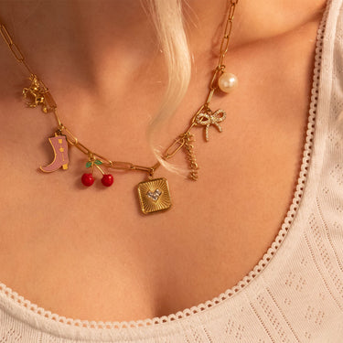 Script Howdy Charm w/ other charms on Paperclip Necklace