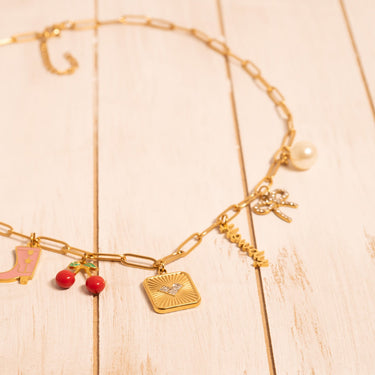 Script Howdy Charm w/ other charms on Paperclip Necklace