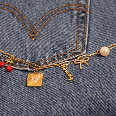 Script Howdy Charm w/ other charms on Paperclip Necklace