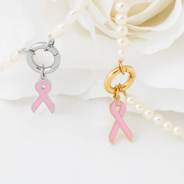 wholesale jewelry 18K Gold PVD Stainless Steel Cancer Ribbon Charm- stainless and gold studio 