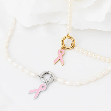 wholesale jewelry 18K Gold PVD Stainless Steel Cancer Ribbon Charm- stainless and gold studio 