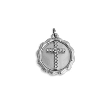 Silver pendant with a cross design on a white background