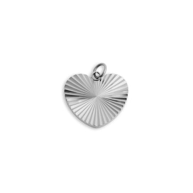 Silver heart-shaped pendant with textured surface on a white background