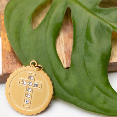Gold Stone Cross Circle Charm