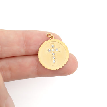 Gold Stone Cross Circle Charm- scale shot