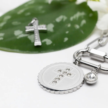 Silver Stone Cross Circle Charm