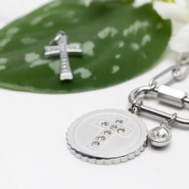 Silver Stone Cross Circle Charm