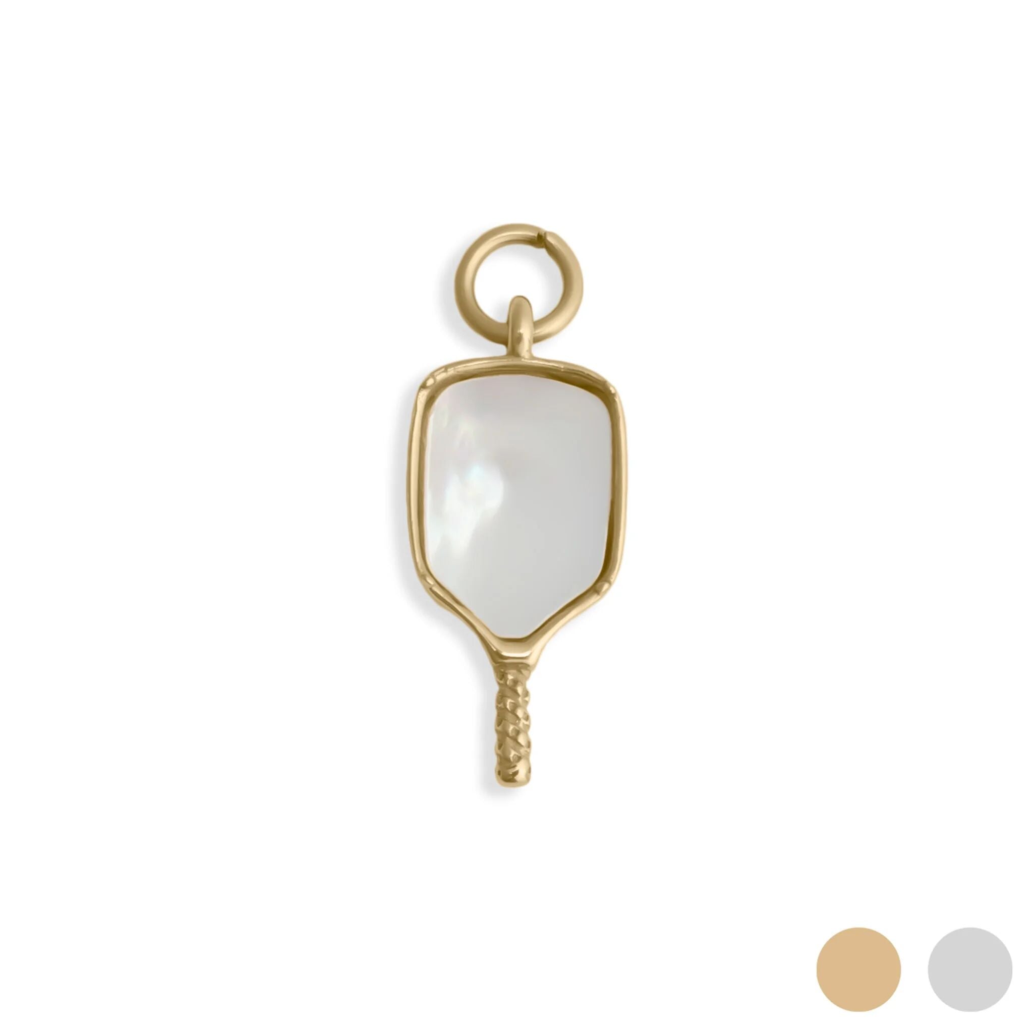 Gold pendant with a white stone on a white background