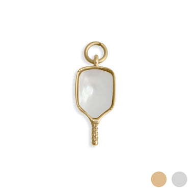 Gold pendant with a white stone on a white background