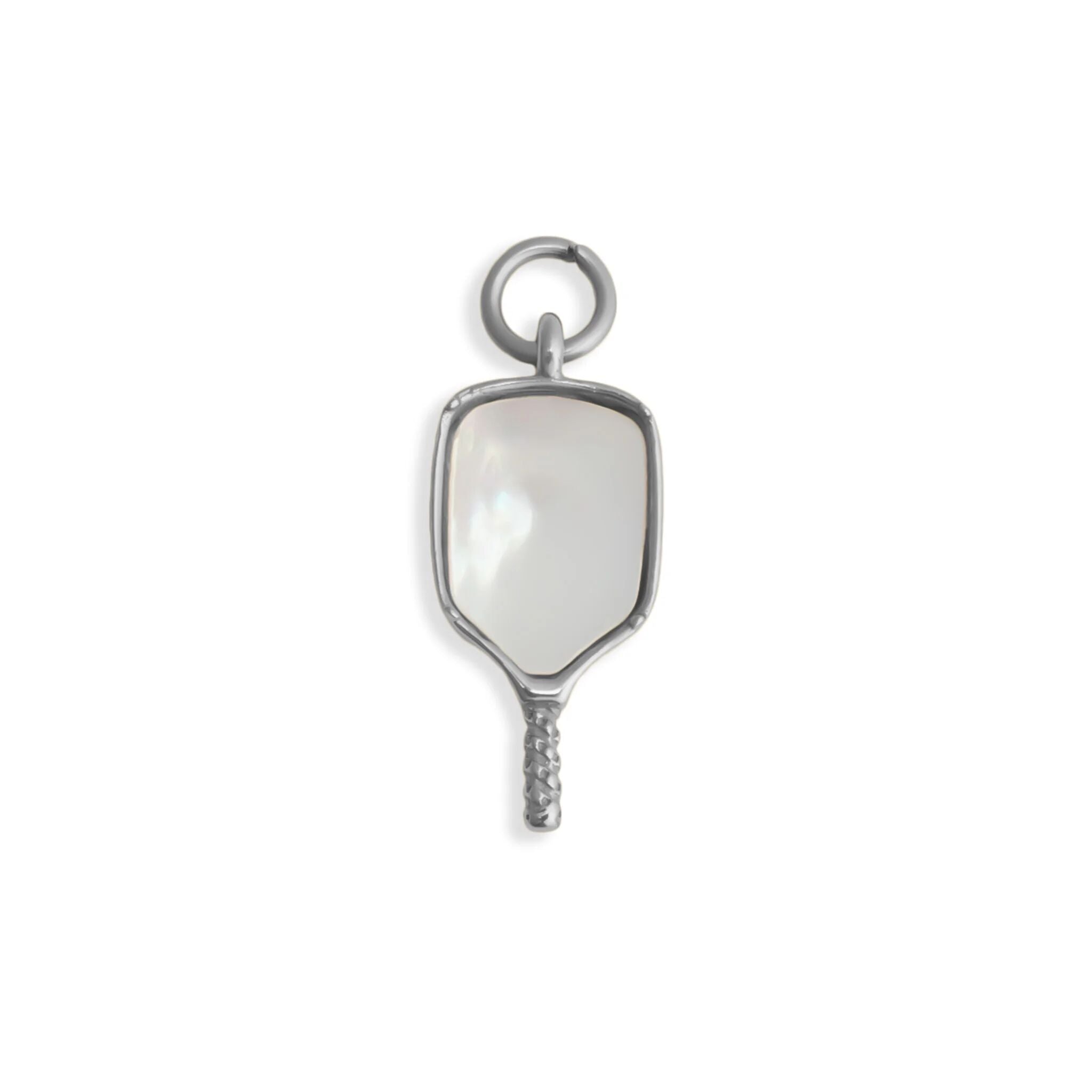 Silver pendant with a white stone on a white background