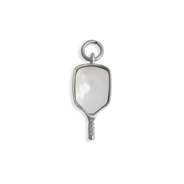 Silver pendant with a white stone on a white background