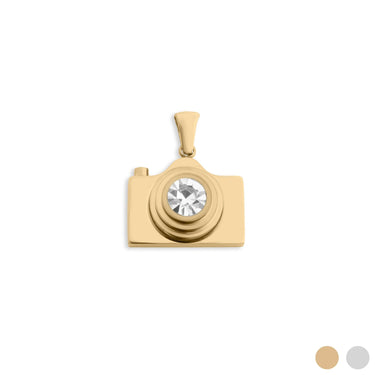 Gold camera-shaped pendant with a central gemstone on a white background
