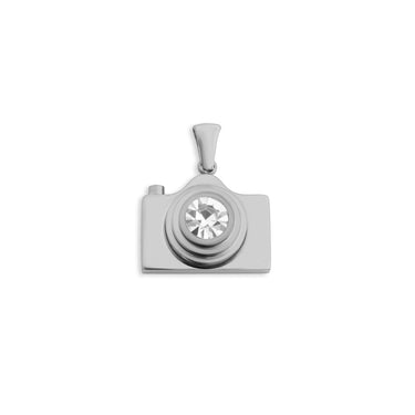 Silver camera-shaped pendant with a central gemstone on a white background