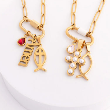 Two gold necklaces with pendants on a white background