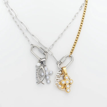Two necklaces with fish-shaped pendants on a white background