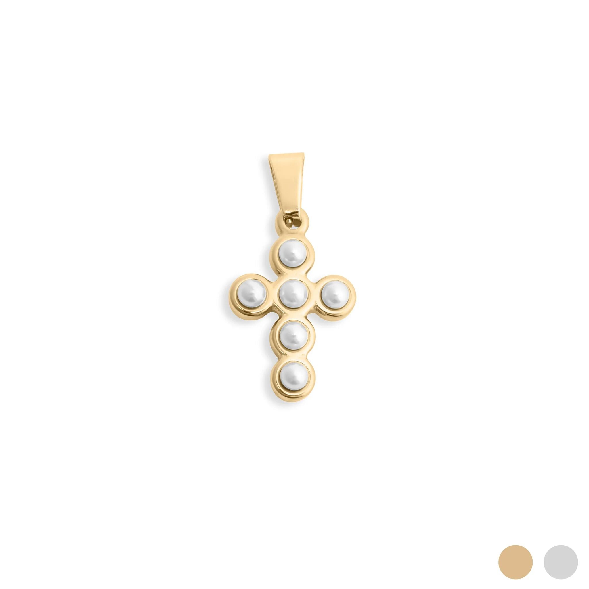 Gold cross pendant with pearls on a white background