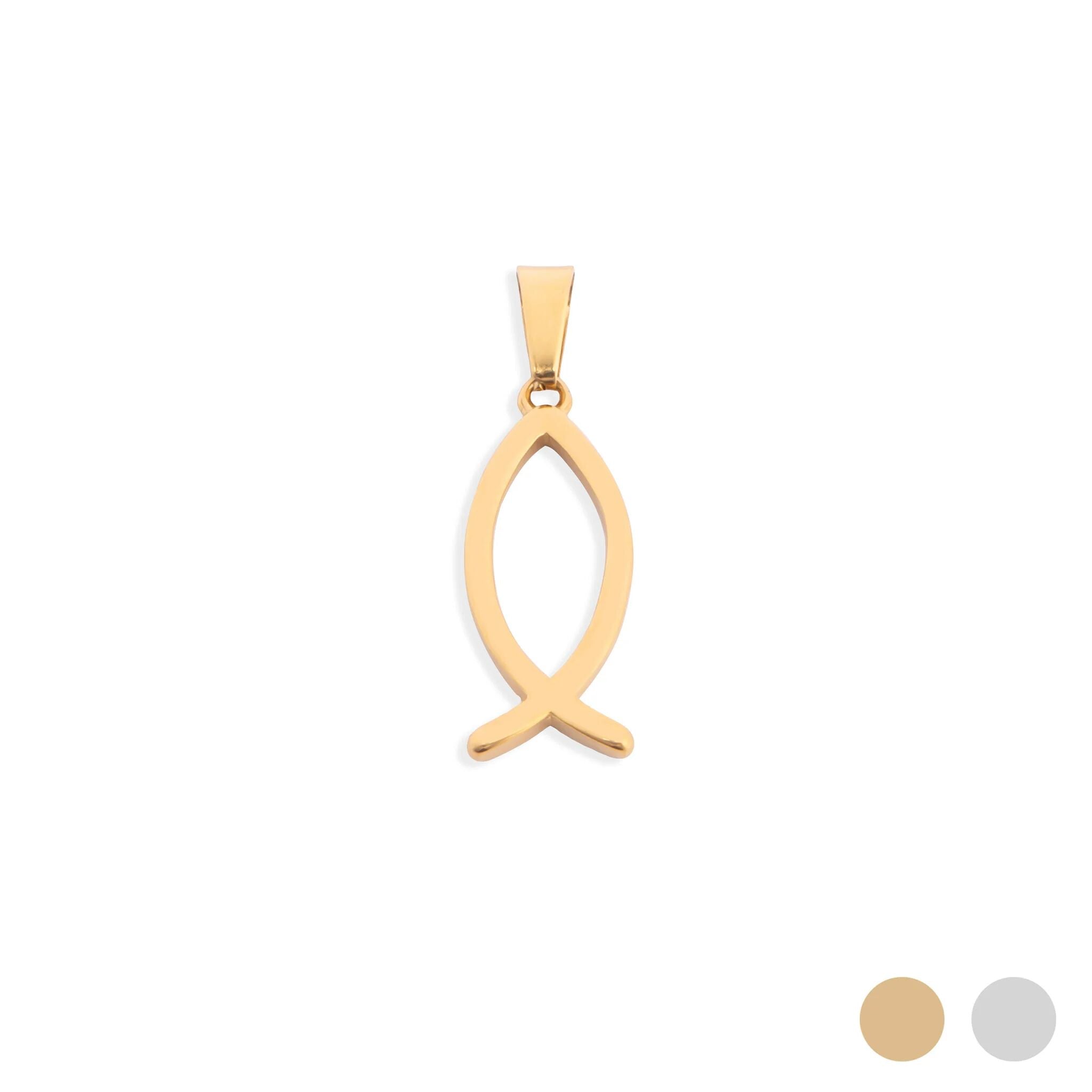 Gold fish-shaped pendant on a white background