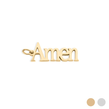 Gold 'Amen' pendant on a white background