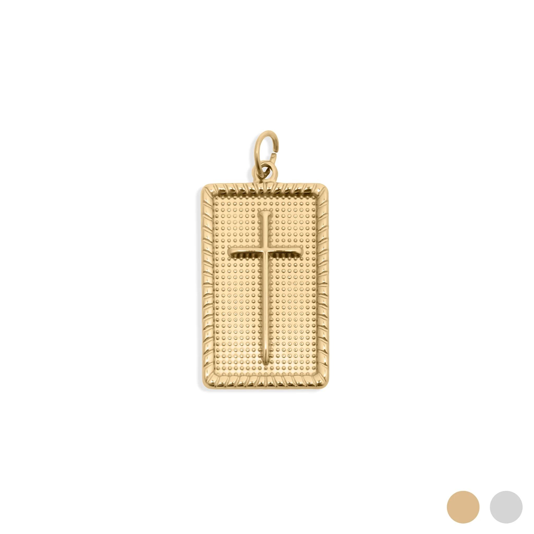 Gold rectangular pendant with cross design on a white background