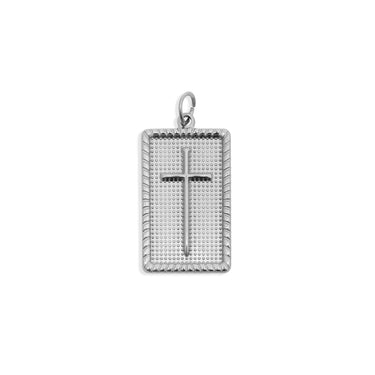 Silver cross pendant on a white background