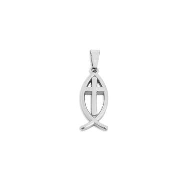 Silver fish pendant with cross on a white background
