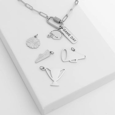 Silver necklace with various charms on a white box
