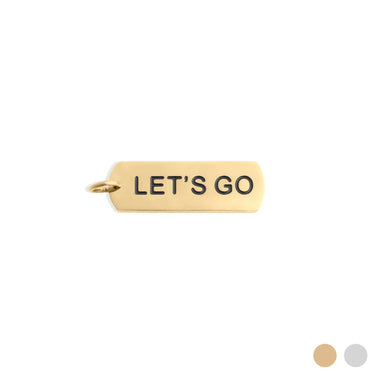 Gold pendant with 'LET'S GO' engraving on a white background