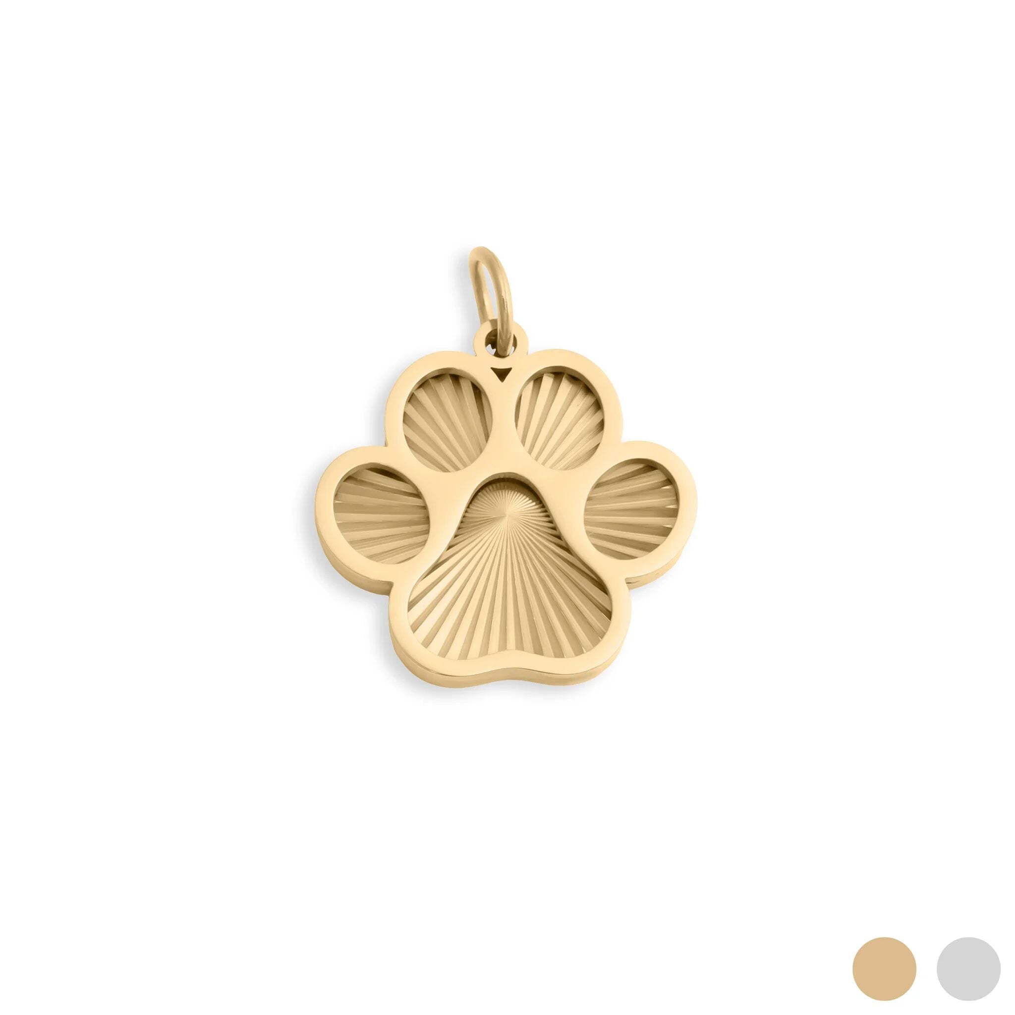 Gold paw print pendant on a white background