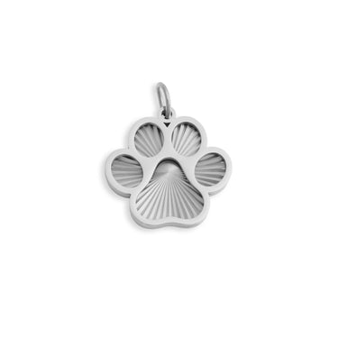 Silver paw print pendant on a white background
