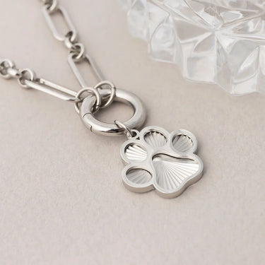 Silver paw print charm on a chain against a light background