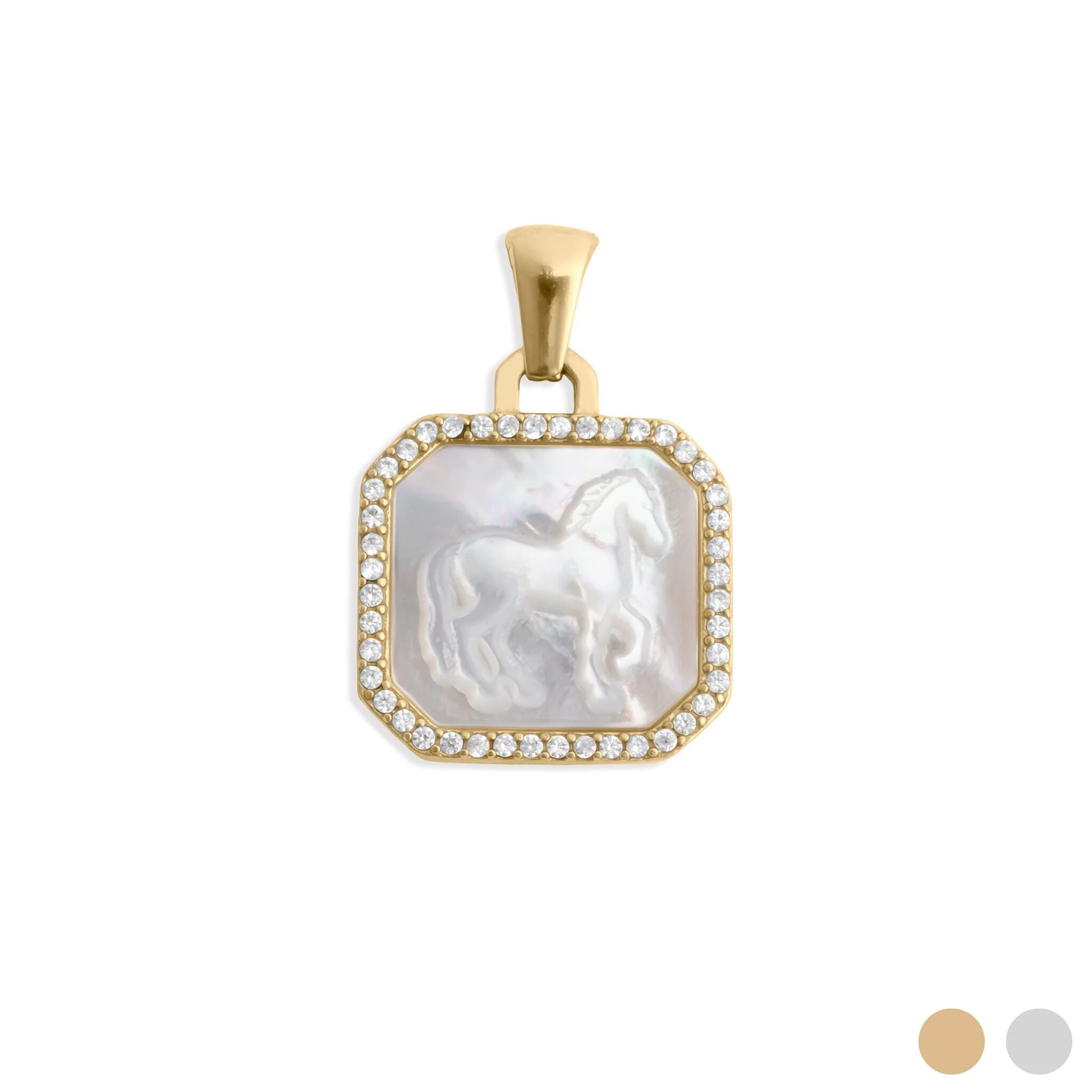 Gold pendant with a horse design on a white background