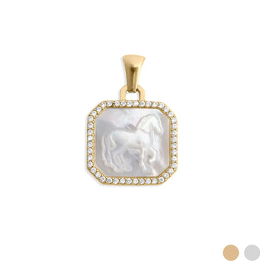 Gold pendant with a horse design on a white background