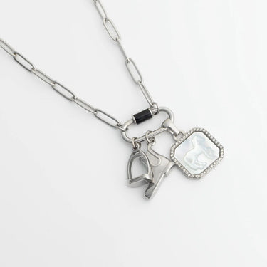 Necklace with heart and horse shoe charms on a white background