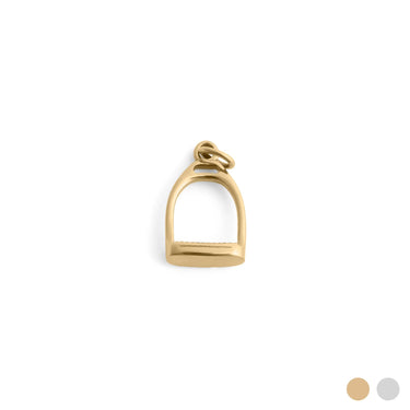 Gold stirrup charm on a white background
