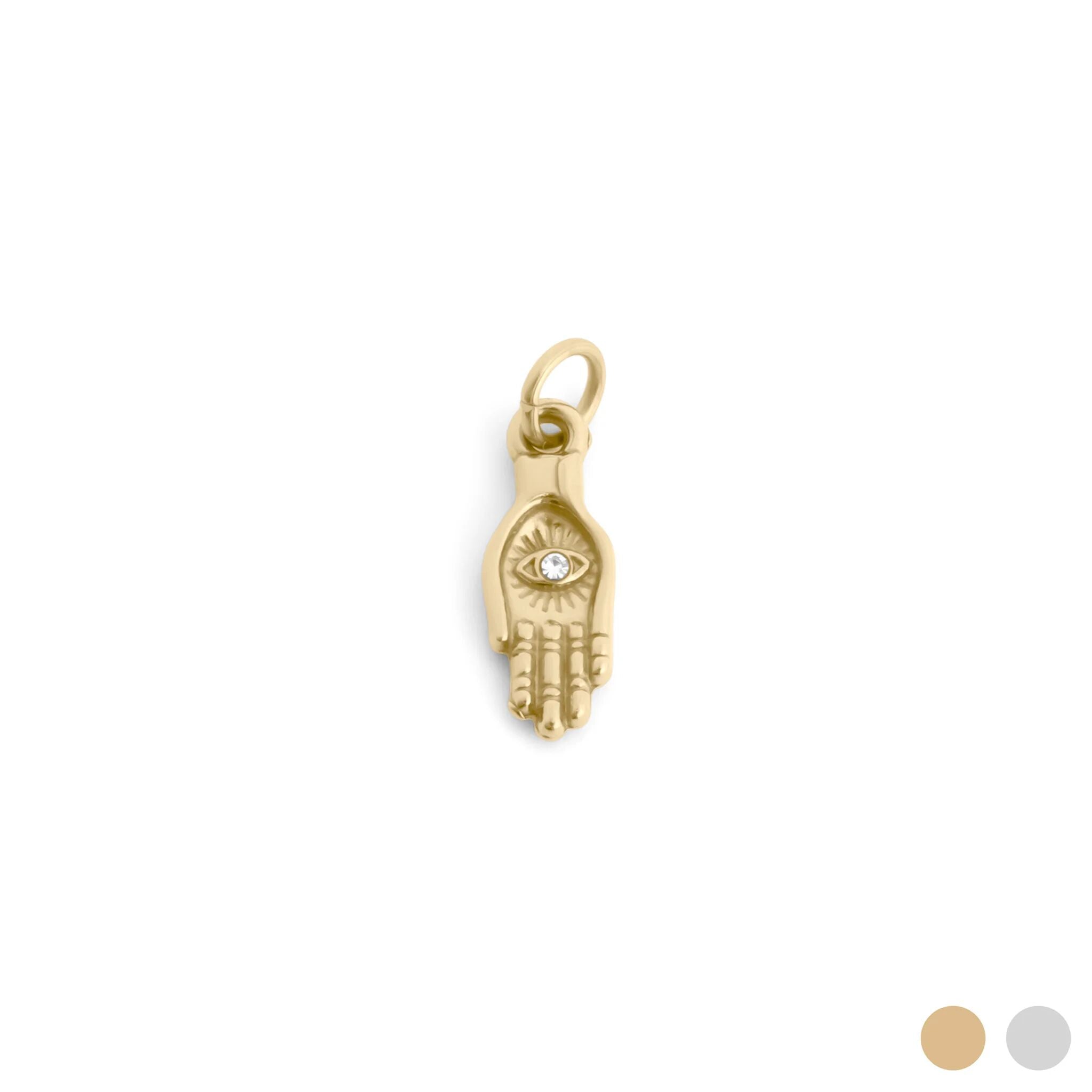 Gold Hamsa hand charm on a white background