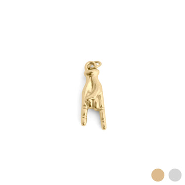 Gold hand-shaped pendant on a white background