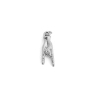 Silver charm shaped like a person in a dynamic pose on a white background