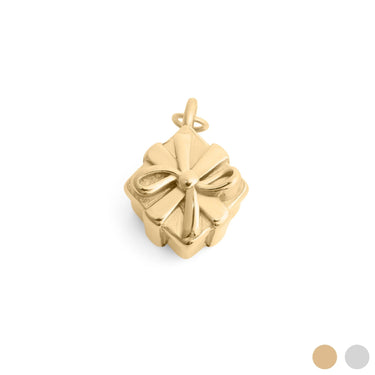 Gold Present Charm with a bow design on a white background
