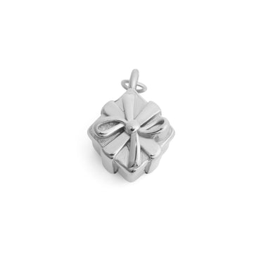 Silver Present Charm with a bow design on a white background