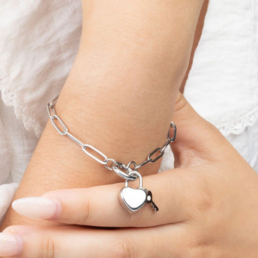 18K Gold PVD Stainless Steel Heart Lock and Key Charm- silver model 