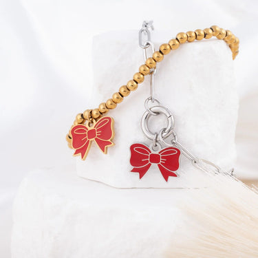 Wholesale Jewelry 18K Gold PVD Stainless Steel Red Bow Charm- Gold and Stainless studio 
