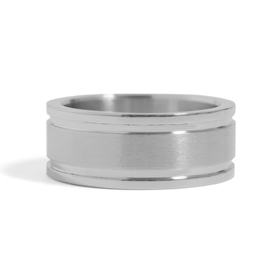 Silver ring band with grooved edges