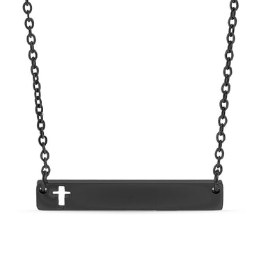 Chain necklace with bar pendant  with Christian cross cut out engraving