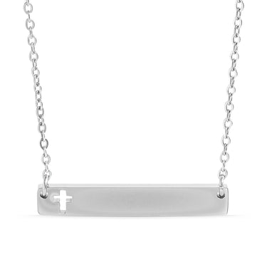 Chain necklace with bar pendant  with Christian cross cut out engraving