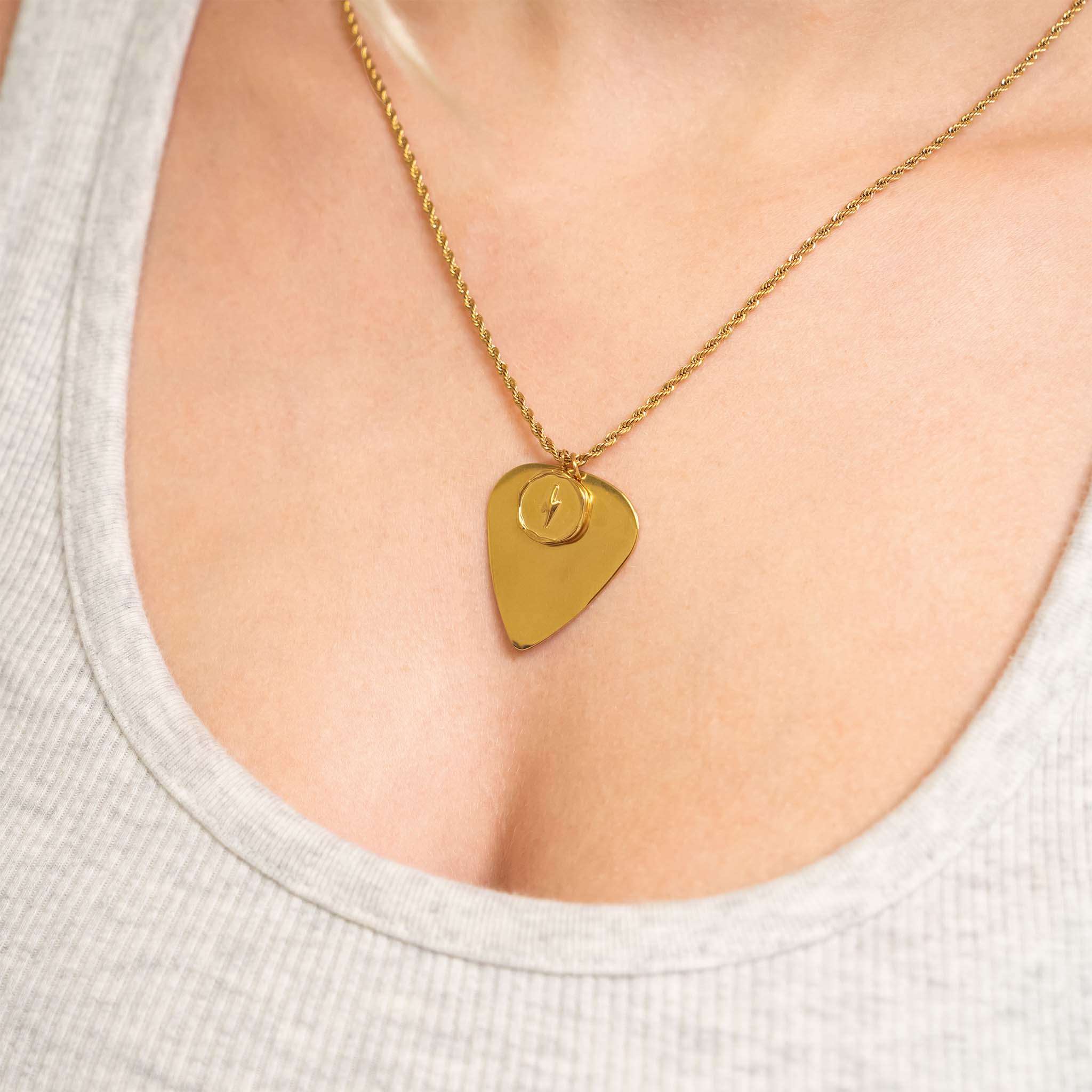 Lightning Bolt Pendant with Guitar Pick Pendant on Rope Chain