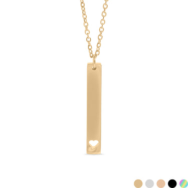 Chain necklace with vertical bar charm with heart engraving