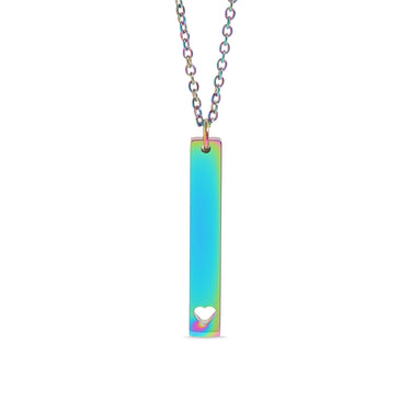 Chain necklace with vertical bar charm with heart engraving