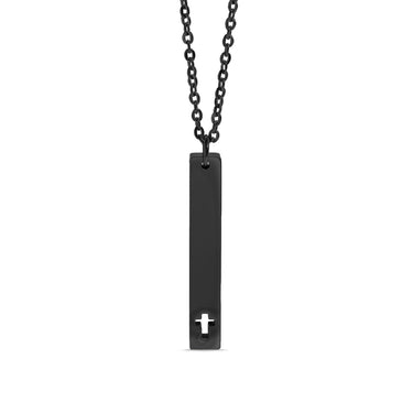 Chain necklace with vertical charm bar with Christian cross cut out engraving